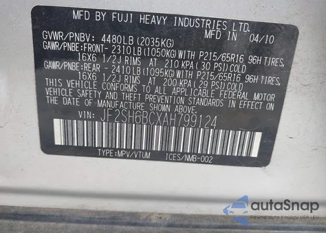 2010 Subaru Forester 2.5X из США, поврежденный, VIN JF2SH6BCXAH799124